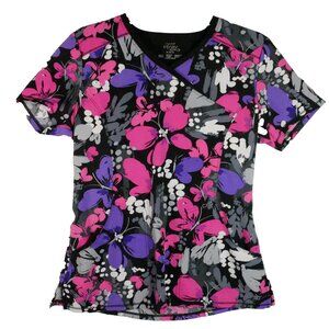 Cherokee Infinity Scrub Top Womens Size S Floral Butterfly Black Pink